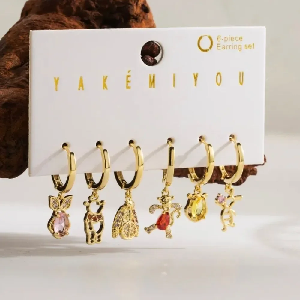 Winnie The Pooh 14K Gold Plated Gemstone Stud Dangle Earring Set